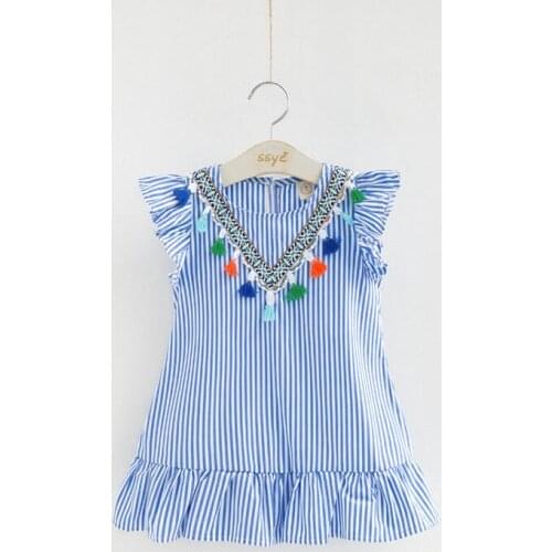 High quality girls dress girl clothing tassel dress for girl striped robe fille ruffles kids clothing beautiful blue vestidos