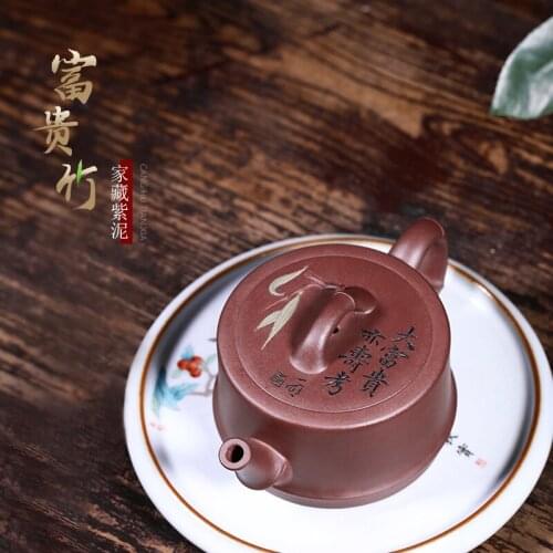 World pure hand carved purple clay teapot Yixing old purple clay bamboo section medium quality teapot Fugui bamboo