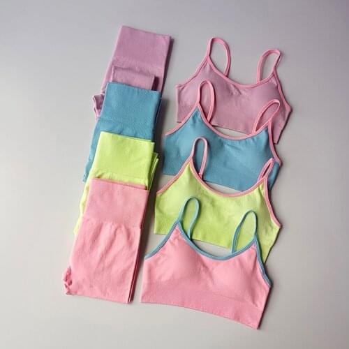 Women Fitness Yoga Sets Candy Color Patchwork Workout Suits High Waist Gym Leggings Sports Bra Running Active Wear 2 Pieces