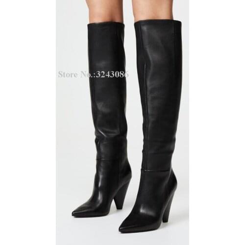 New Black Leather Spike Heel Knee High Boots Women Sexy Pointed Toe Long Boots Lady Large Size Knight Boots Dropship