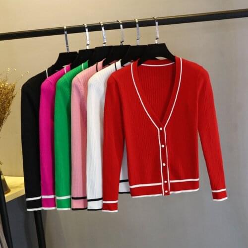 Women 2020 New Stripe Cardigan Knitted Sweaters Spring Autumn Coat V neck Plus size Ladies Long sleeve Thin Knit Sweater Jacket
