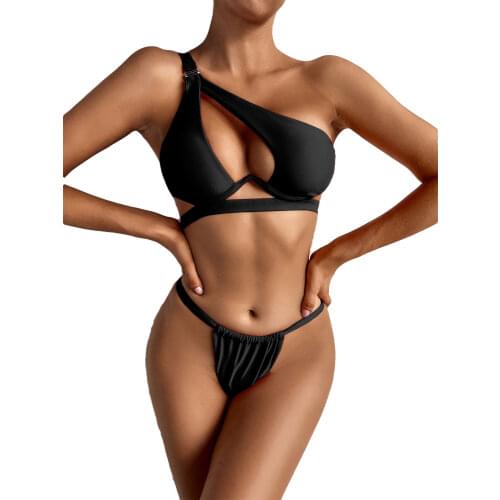 Womens Solid Color 2 Pcs Swimsuit, One-shoulder Front Hollowed Tops with Elastic Drawstring Triangle Bottoms