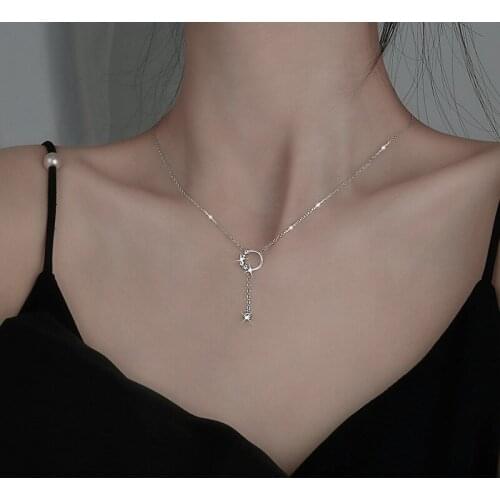 925 Sterling Silver Tassel Crystal Charm Korean Pendant Choker Necklace Wedding Statemen Jewelry For Women dz102