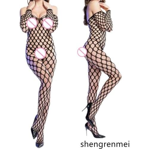 Shengrenmei Mesh Bodysuits Women Nightwear Hollow Out Teddies Long sleeves Sexy Lingerie Lady Crotchless Underwear For Ladies