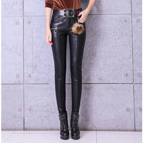 Full length soft pu leather pant autumn Korean style plus velvet retro thin Office Lady pencil leather pants with belt F18
