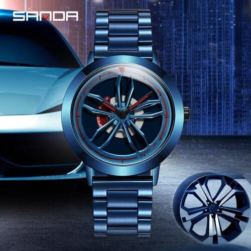 SANDA Quartz Watch Stainless Steel Waterproof Sport Wristwatch Men Custom not Printing Wheel Rim Hub Rotating Dial Watch Relogio