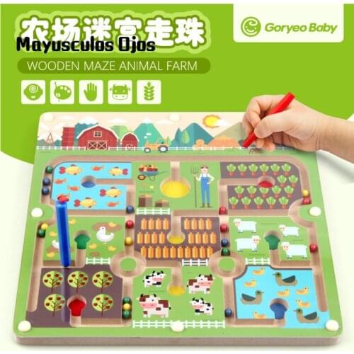 Wooden Labyrinth Ball Toy Pen Magnetic Maze Farm Bead Parent-child Game Educational Toy