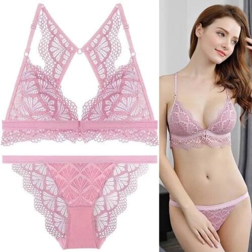 Summer New Sexy Lace Bra Inserts Front Closure Beauty Back Wire Free Lingerie Ultra-Thin 3/4 Cup Underwear Women Set