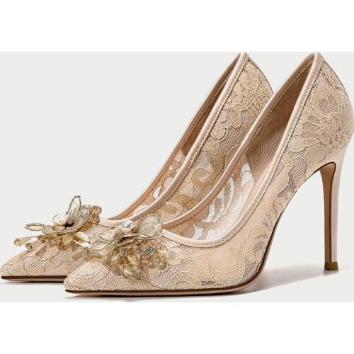 Lace Thin High Heel Shoe 2021 Spring Pointed Middle Low Heel Breathable Size Ladys Shoes Women Pumps Stiletto