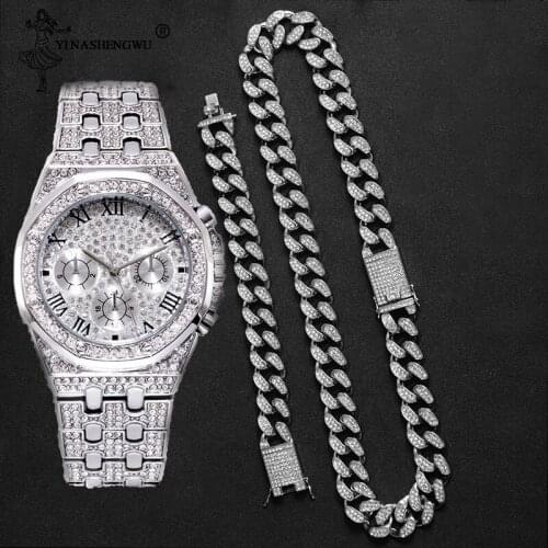 2020 Mens Wristwatch Top Brand Luxury Bling Men Watches Gold Color Jewelry AAA Hip Hop Waterproof Watch & Chain & Bracelet Set