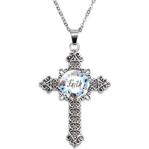 Christian Faith Cross Necklace Glass Cabochon Bible Scripture Pendant Church Souvenir Chain Necklace Jewelry Gift for Christians