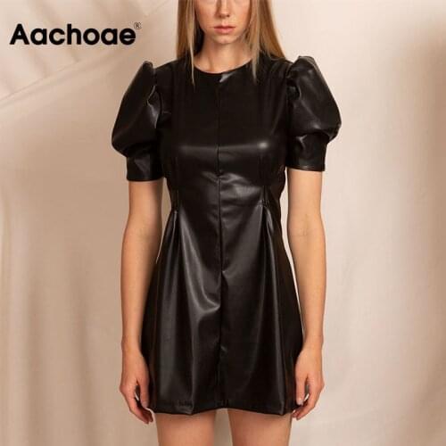 Aachoae Women Black Faux Leather Dress Sexy Club Bodycon Mini Dress Black Puff Short Sleeve O Neck Pleated Dresses Tunic Vestido