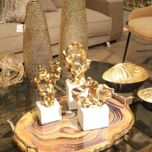 Modern House Home Decoration Maison Accessories Abstract Art Gold Plating Coral Ceramic Figurines For Living Room Office Desktop