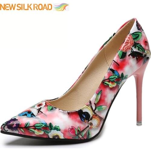 Embroidery Pumps Stilleto Pointed Toe Glossy Print Leather Women Shoes Chinese Stylish National Painting Extra High Heels Ladies