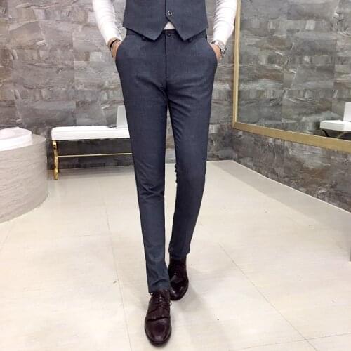 High-quality goods cotton fashion Pure color Mens leisure formal business suit pants / Male Black gray casual dress suit pants