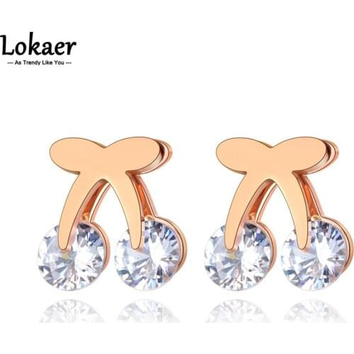 Lokaer Trendy Rose Gold Stainless Steel Love Cherry Wedding Earrings For Women Original Design CZ Crystal Party Jewelry E21121