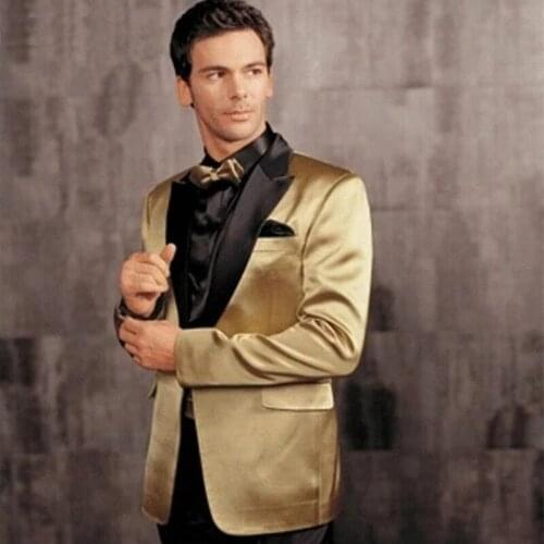 2021 Winter Fashion Lapel Groomsman Men Wedding Suits Gold Jacket Black Pants 2 Piece Set Groom Tuxedos Slim Bridegroom Suit