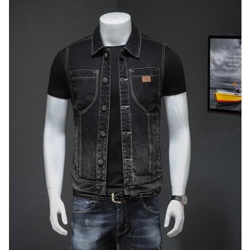 Biker Mens Motorcycle Black Denim Vest Vintage Sleeveless Jean Jacket Single Breasted Fashion Multiple Pockets Waistcaot
