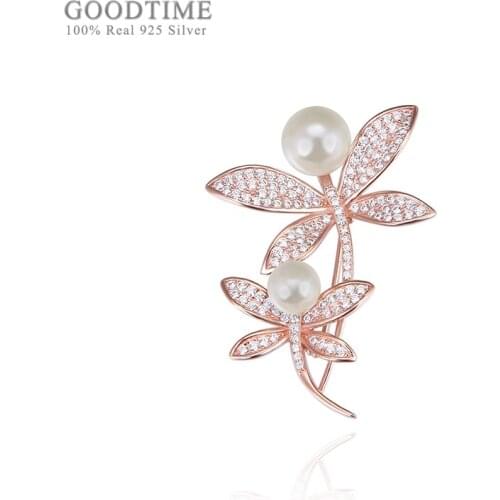 S925 Sterling Silver Brooch Dragonfly Dress Brooch For Women Fashion Rose Gold Zircon Bead Clothing Pin Jewelry For Party Dress