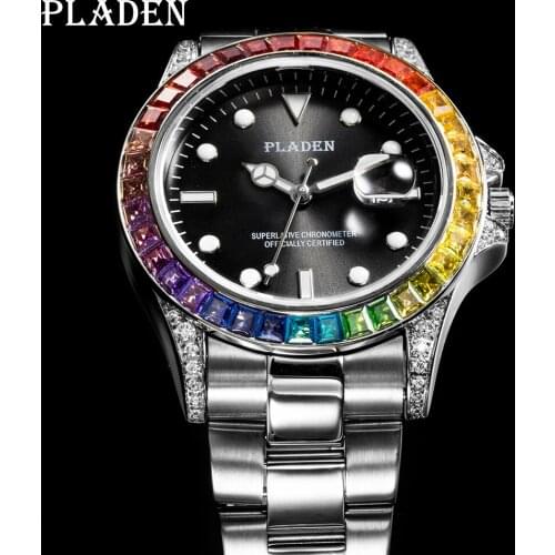 PLADEN Top Brand Luxury Mens Watches Rainbow Diamond Silver Quartz Watches Waterproof Stainless Steel Military Sport Male Watch