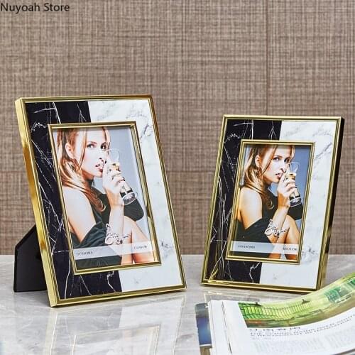 Black and White Marbled Home Living Room Bedroom Photo Frame Nordic Light Luxury Gold Frame 6 Inch 7 Inch Metal Photo Frame