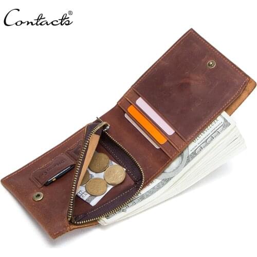 CONTACTS vintage genuine leather men wallet with zipper coin pocket card holder small thin mens purse male partmon man cuzdan