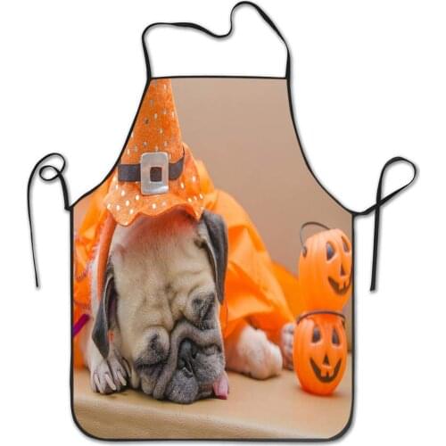 Kitchen Baking Personality Apron Restaurant Chef Garden Handmade Apron Halloween Dogs Pumpkin Lovely Pug