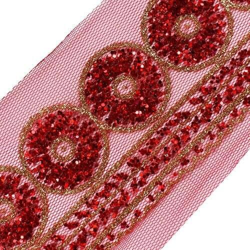 T2552 Red Gold Sequins Lace Trimming Beaded Ribbon Trim Sew on Bridal Dress Wedding Decorated Apparel Accessories 5Y