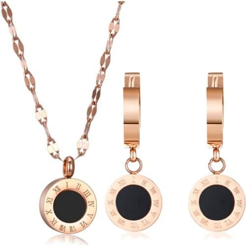 Fashion Black Round Stainless Steel Necklace Earring Set Rose Gold Color Roman Numeral Wedding Jewelry Set For Women Wholesale