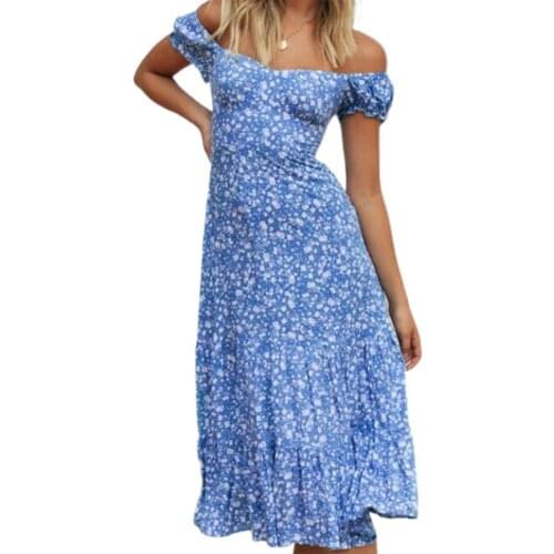 Washable Sexy Print Pleated Women Dress Sundress Midi Dress Large Hem for Party
