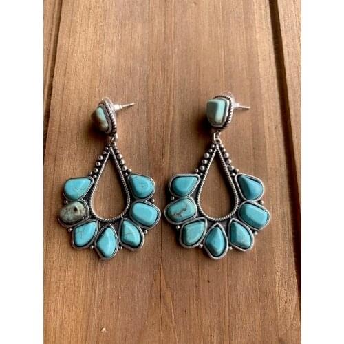 New Plated 925 Ancient Silver Turquoise Water Droplets Shape Earrings Fashion Exaggerated Womens Earrings Studs Earring Jewelry