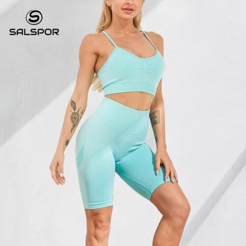 SALSPOR 2 Piece Set Women Solid Seamless Shorts Gym High Stretchy Tracksuits Womens Sports High Waist Push Up Workout Sets