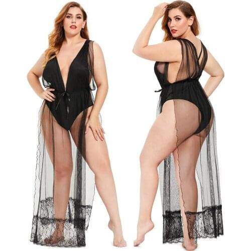 Sexy Underwear Fat MM European And American Sexy Pajamas Jumpsuit Lace Sheer Dress Q412