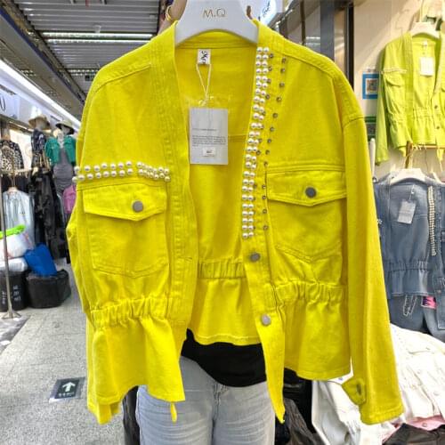 7 Color Beaded Diamond Single-breasted Elastic Waist Jeans Jacket Female Harajuku V-neck Casual Chaqueta Mujer Spring Autumn New