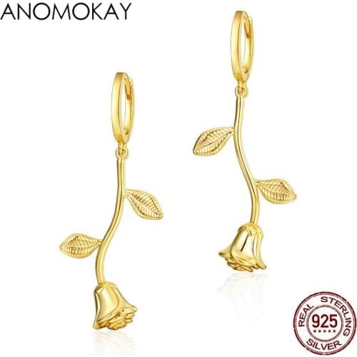 Anomokay New Arrival Gold Color Rose Flower Leaf Earrings for Women Lovers Gift Real 925 Sterling Silver Plant Long Drop Earring