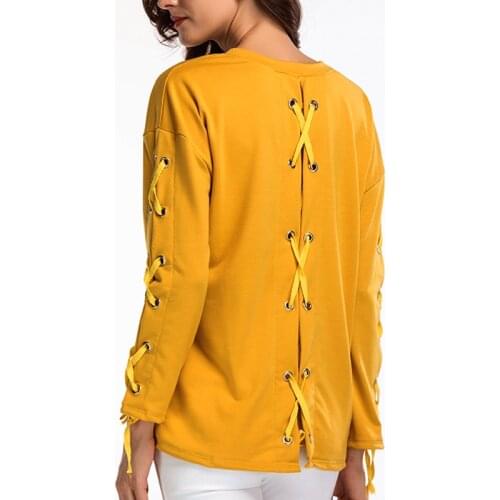 New design lace up women sweatshirt 2020 Spring Autumn solid color o-neck Long sleeve loose shirts Tops