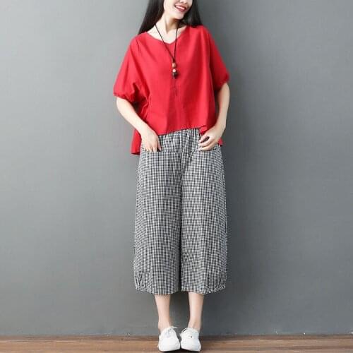 Women 2021 Summer Fashion Cotton Linen 2 Piece Suits Female New Solid Color Loose Tops Ladies Casual Plaid Harem Pants Sets U111