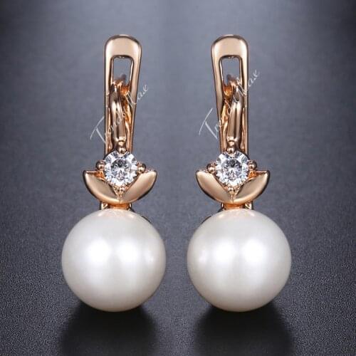 Womens Stud Earrings Flower Shaped CZ 585 Rose Gold Simulated Pearl Earrings For Women Fashion Jewelry Gifts Wholesale HGE174