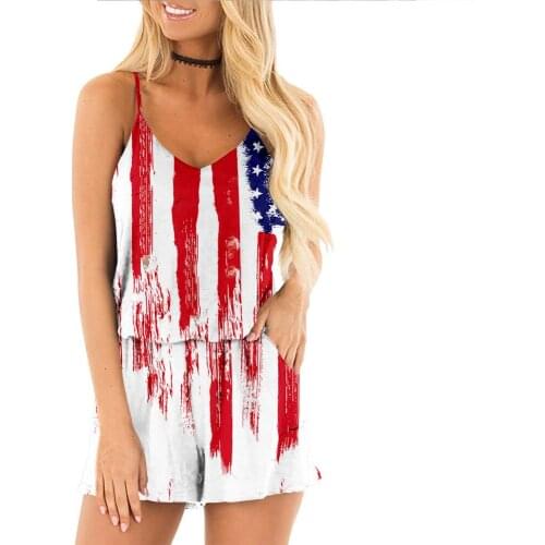 Independence Day Summer Women Pocket Spaghetti Strap O-neck Sleeveless American Flag Print Jumpsuit Fashion Streetwear Bodysuits