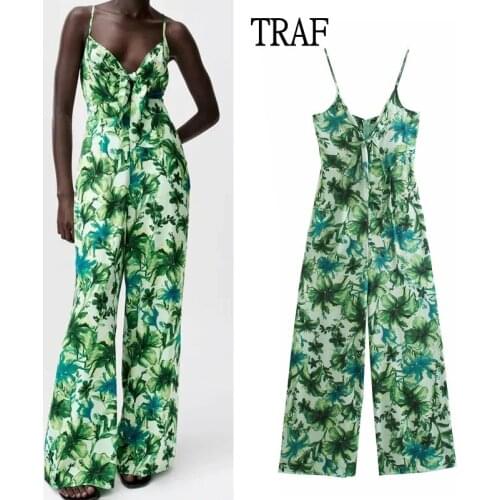 TRAF Za Woman 2021 Jumpsuit Summer Green Print High-Waisted Long Jumpsuit Women Bow Tie Sleeveless Strap Loose Female Jumpsuits