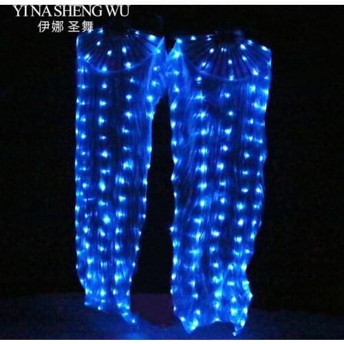 100% Silk LED Rainbow Dance Fans Women Belly Dance Performance Props 1Pair Left+Right Hand White/Rainbow Belly Dance LED Fans
