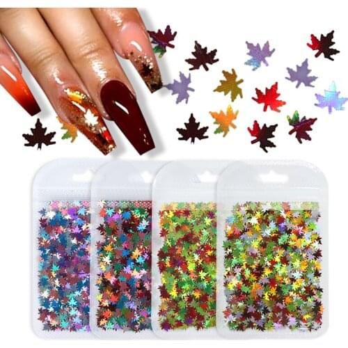 4 Bags Holographic Nail Sequins Maple Leaf Laser Glitter Flakes Paillette Multicolor Fall Leaves Nail Art Decoration Manicure