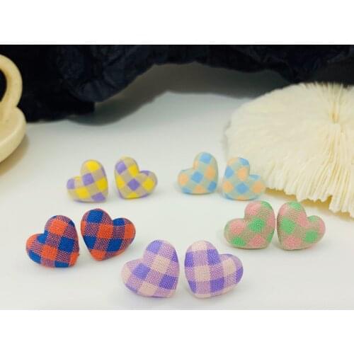 Bohemian Heart Earrings for Women Girls Fabric Grid Boho Cute Stud Earrings Colorful Korean Fashion Jewelry Wholesale Gift