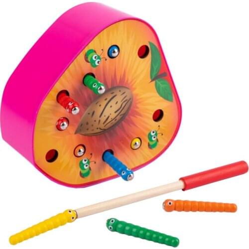 Baby Wooden Insect Catching Toy Montessori Enlightenment Color Cognition Interactive Insect Catching Magnetic Apple Toy Fun Gift