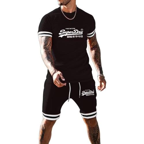 2021 Summer Suit Male High Street Casual Fashion Brand Two-piece Short-sleeved T-shirt Mens Sports Suit