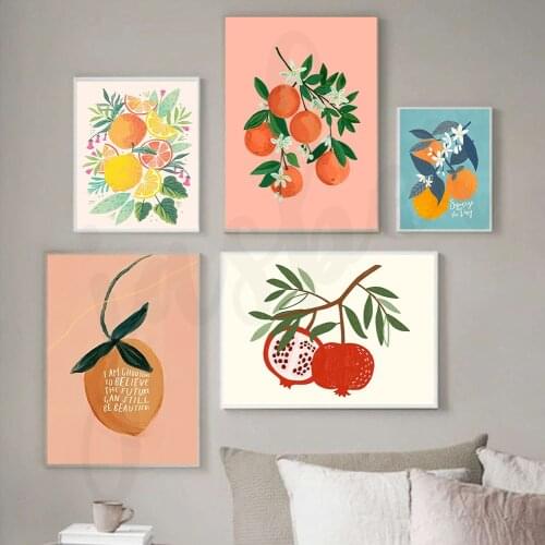 Lemon Fruit with Flower Canvas Painting Nordic Orange Poster and Print Minimalist Branches Wall Art Kitchen Home Decor