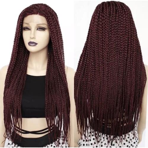 【Ebingoo】Long Burgundy Glueless Box Braided Synthetic Lace Front Wigs Twist Braids Futura Wig for Afro Black Women Daily Wear