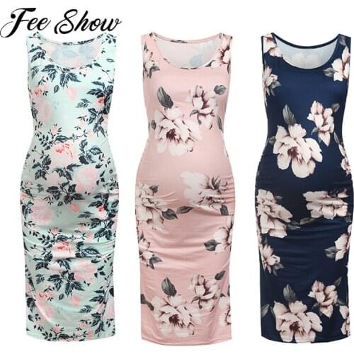 Maternity Floral Overlay Dress Mama Pregnant Sleeveless Side Ruched Dress Womens Pregnancy Bodycon Dresses for Baby Shower