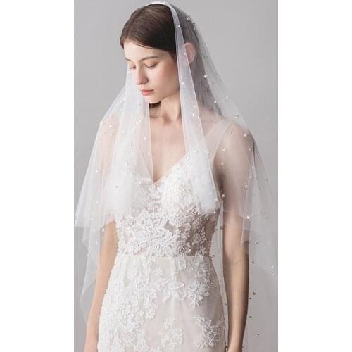 Tanpell One-Layer pearls Cut Edge Wedding Veil Ivory Tulle Simple Wedding Veil