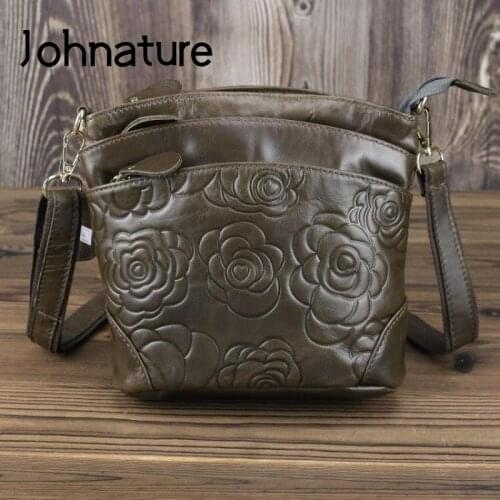 Johnature Leisure Flower Cow Leather Women Bag 2020 New Vintage Embossed Ladies Mini Bags First Layer Cowhide Shoulder Bags